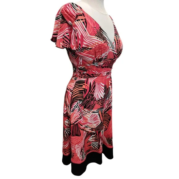 Sandra Darren 14P Petite Tropical Print Wrap Dress Pink Coral V-Neck Flutter - Picture 4 of 12